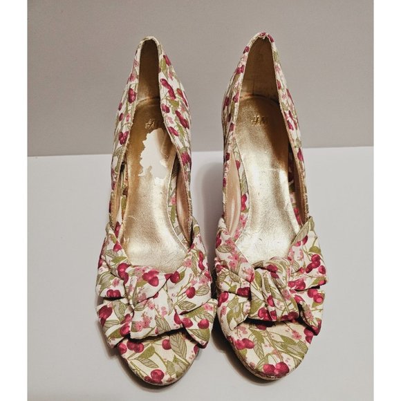 H&M Cork Cherry Print Canvas Wedge Heels Size 8 Knot Top Rockabilly - Picture 3 of 10